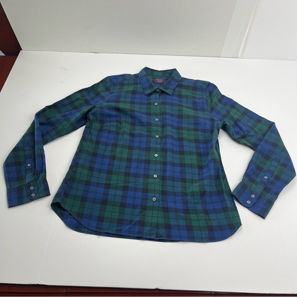 UnTuckIt Pipers Brook Blue Green Solid Plaid Button Front Shirt Womens Size 10